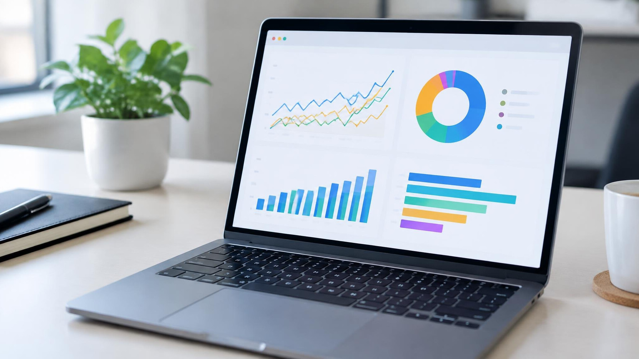 Laptop screen displaying colorful data charts