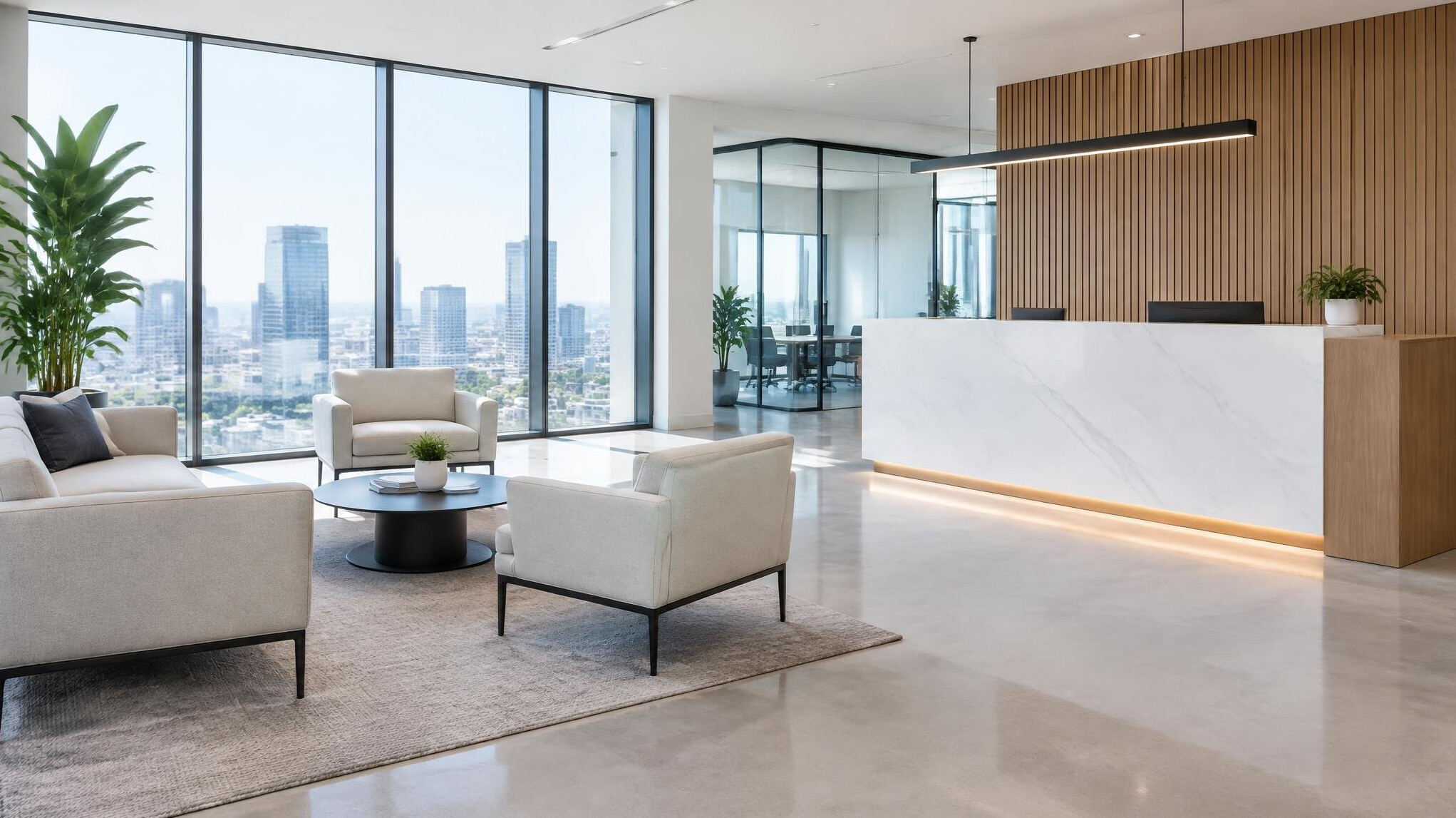 Bright modern office reception area with seating
