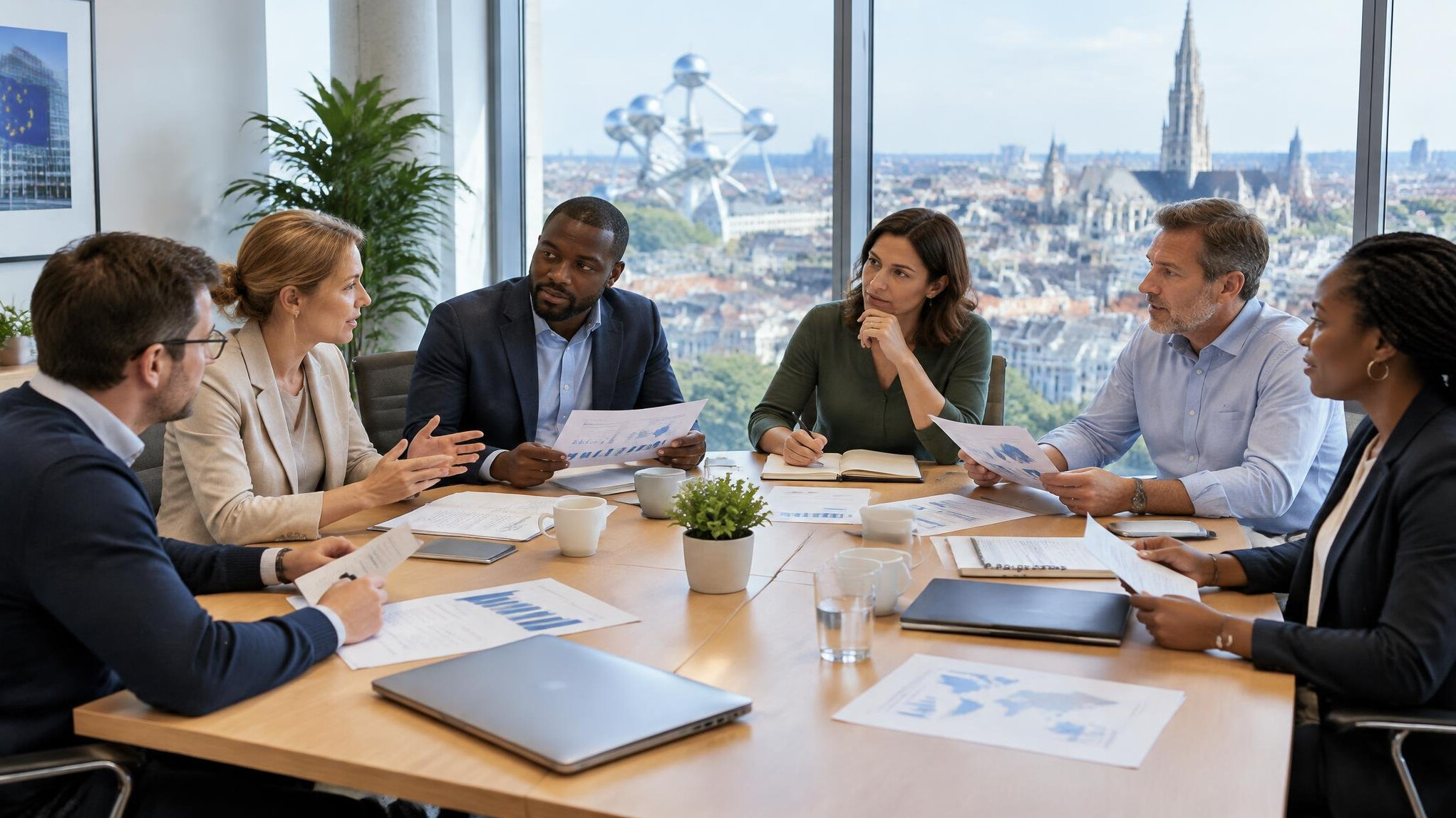 Diverse team of professionals discussing strategy around a conference table